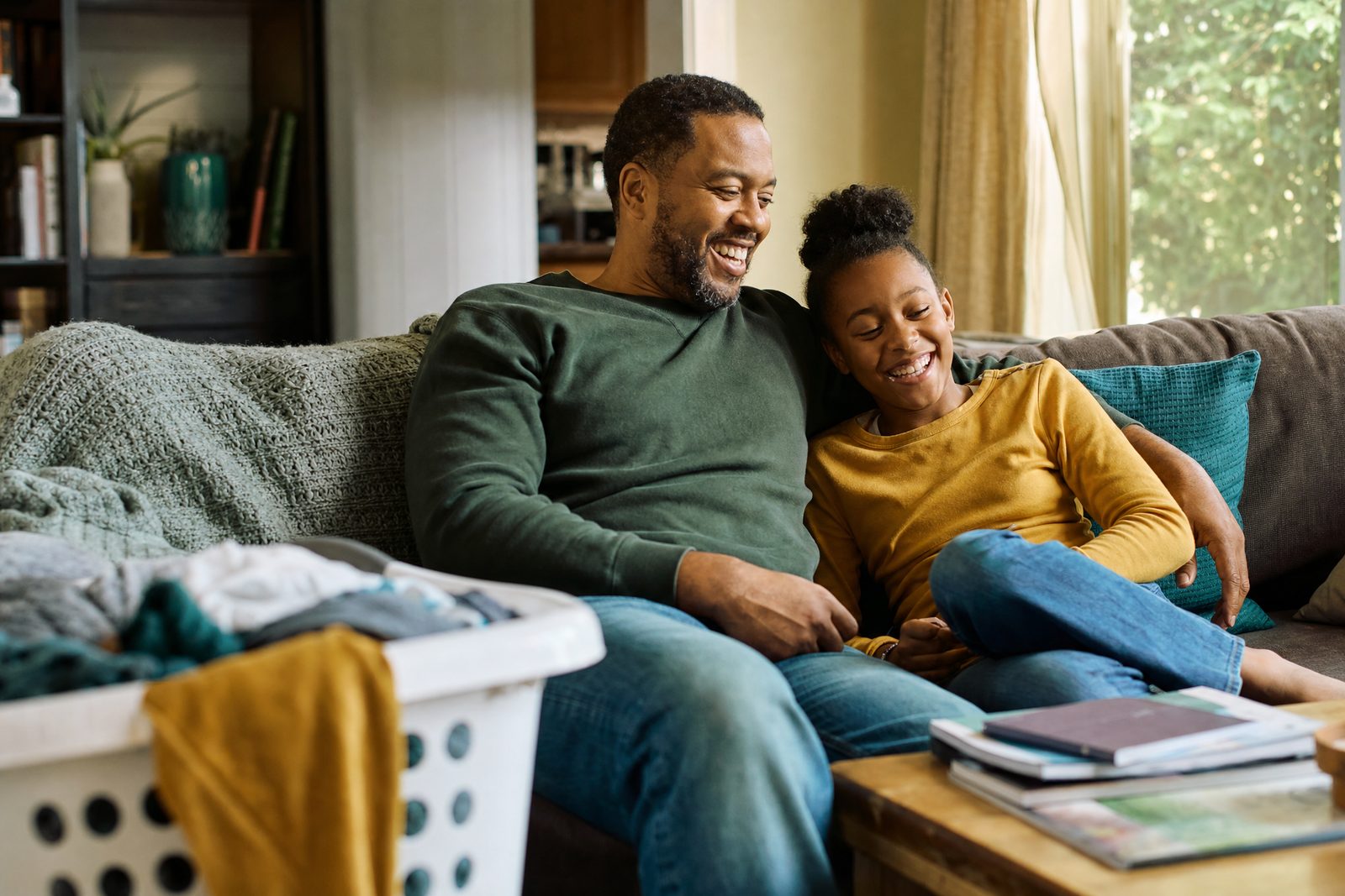 A father and his daughter laughing together on the couch at home
